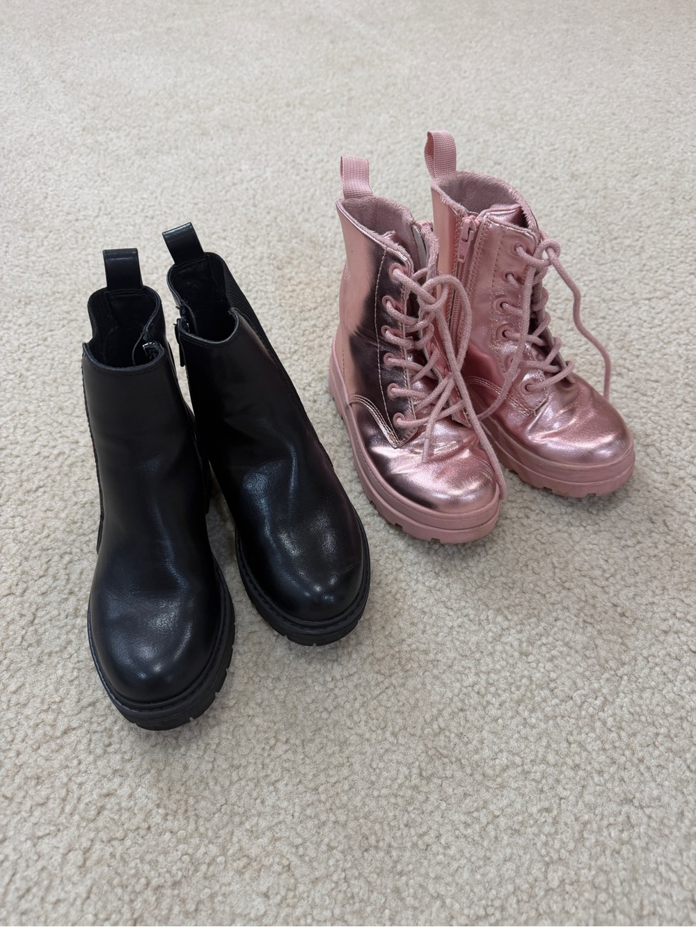 Pink Metallic Lace-Up Combat Boots & Black Chelsea Boots
